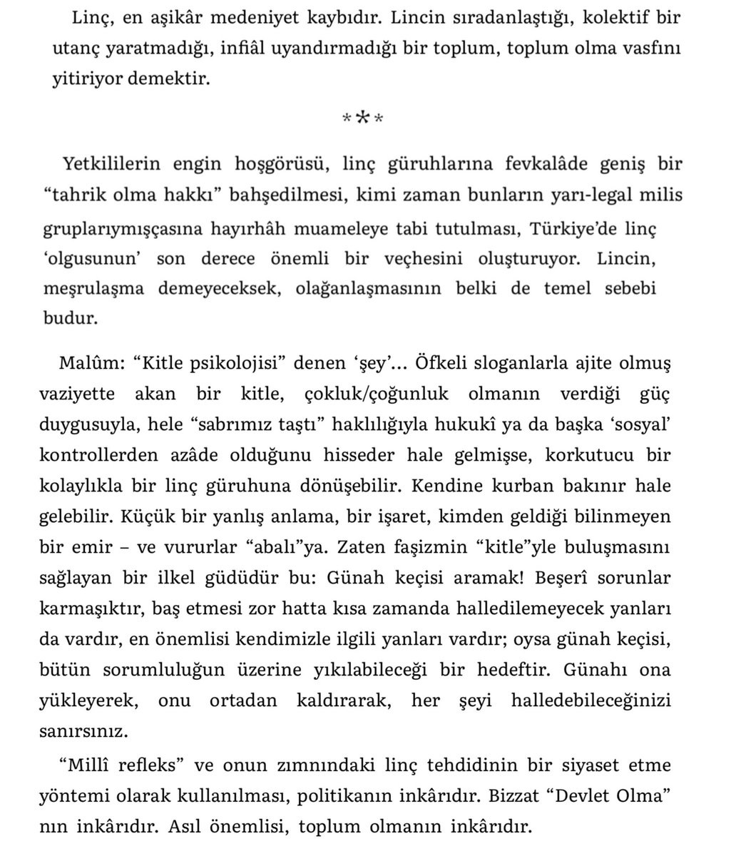 melinoe's tweet photo. “Linç, en aşikâr medeniyet kaybıdır. Lincin sıradanlaştığı, kolektif bir utanç yaratmadığı, infiâl uyandırmadığı bir toplum, toplum olma vasfını yitiriyor demektir.” 

-Bora, T. (2008). Türkiye’nin Linç Rejimi https://t.co/8zFu8YuMER