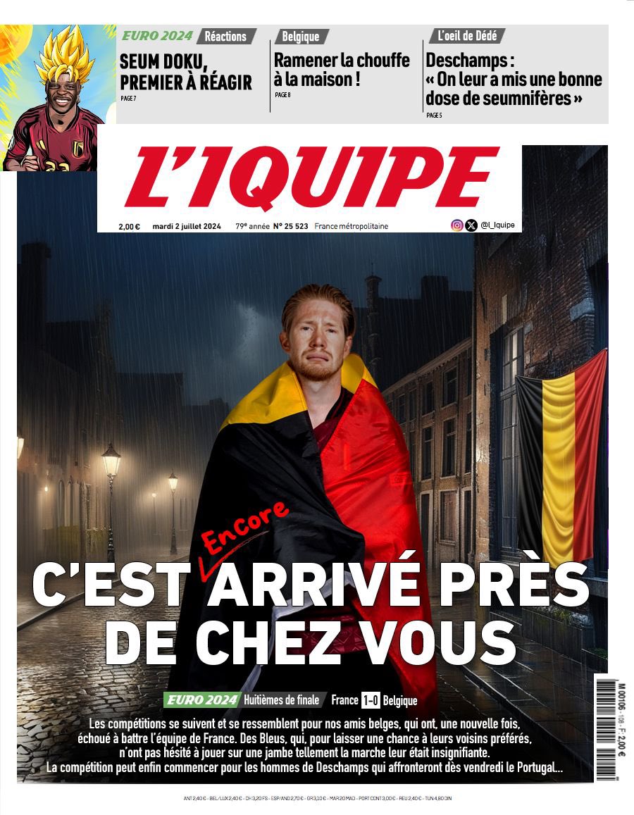Voici la une du journal L’Iquipe du mardi 2 juillet :

- #FRABEL : La force de l’habitude 

#EquipedeFrance #Mbappe #Deschamps #DiablesRouges #Belgique #DeBruyne