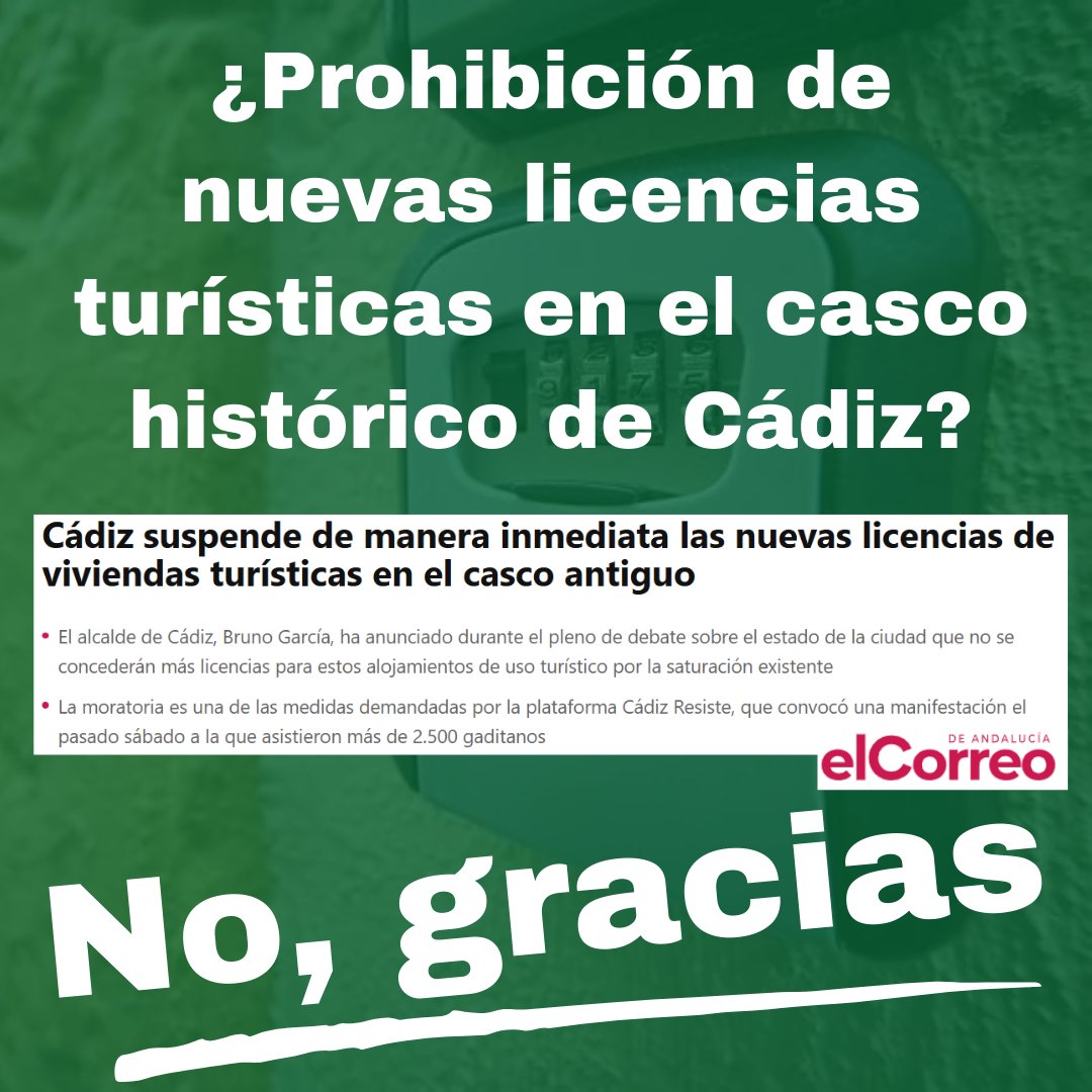 cadiz_resiste_'s tweet photo. 📢 ¡Cádiz! 📢

Hoy en el pleno municipal, el alcalde ha anunciado la prohibición de nuevas licencias turísticas en el casco histórico, en reacción a la multitudinaria manifestación del 29J. Aunque puede parecer positivo,  queremos dejar claro q ¡no es suficiente!

🧵 (1/6) https://t.co/KmQu6q3797