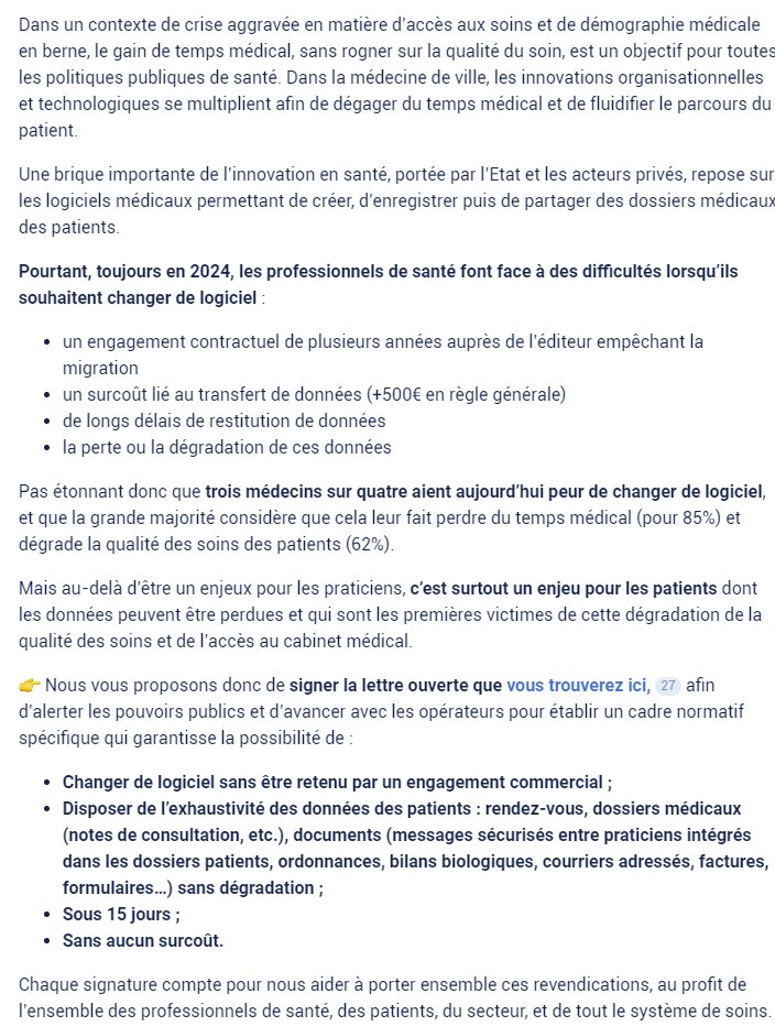 Un initiative de <a href="/doctolib/">Doctolib</a> qui lance un appel aux pouvoirs public afin d'obtenir la portabilité des données des dossiers médicaux.
Si vous êtes médecin, vous pouvez co-signer. 
 pro-doctolib.typeform.com/to/vvw6ctuO?ty…