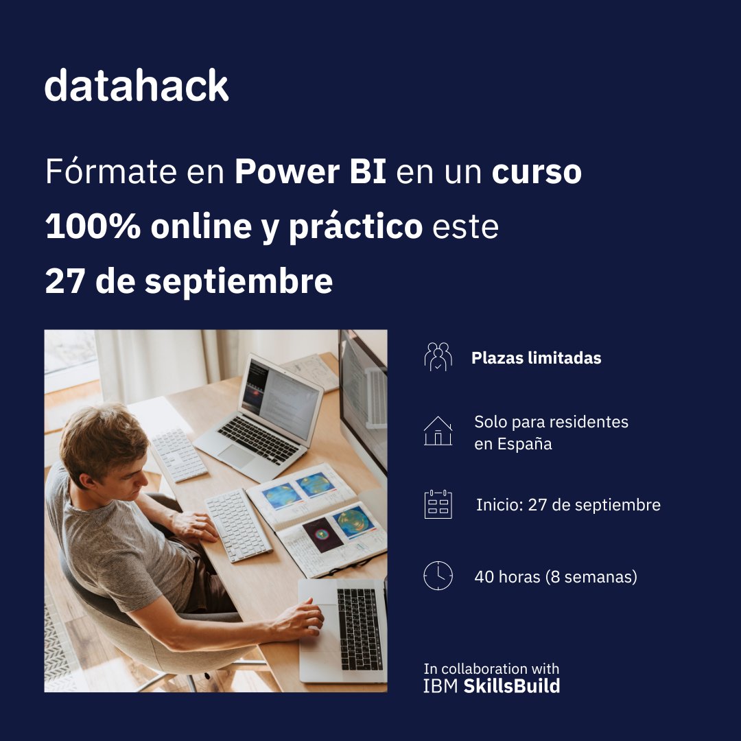 datahack_'s tweet photo. ¿Quieres formarte GRATUITAMENTE? 🧑‍💻
|Solo para residentes en España|

🎓 ¡Certifícate ahora en Power BI!: https://t.co/XNF4bNCZqq

🖥️ Con nuestro Curso GRATUITO de Power BI, podrás formarte desde donde quieras en una modalidad 100% práctica y online. https://t.co/we7wejC391