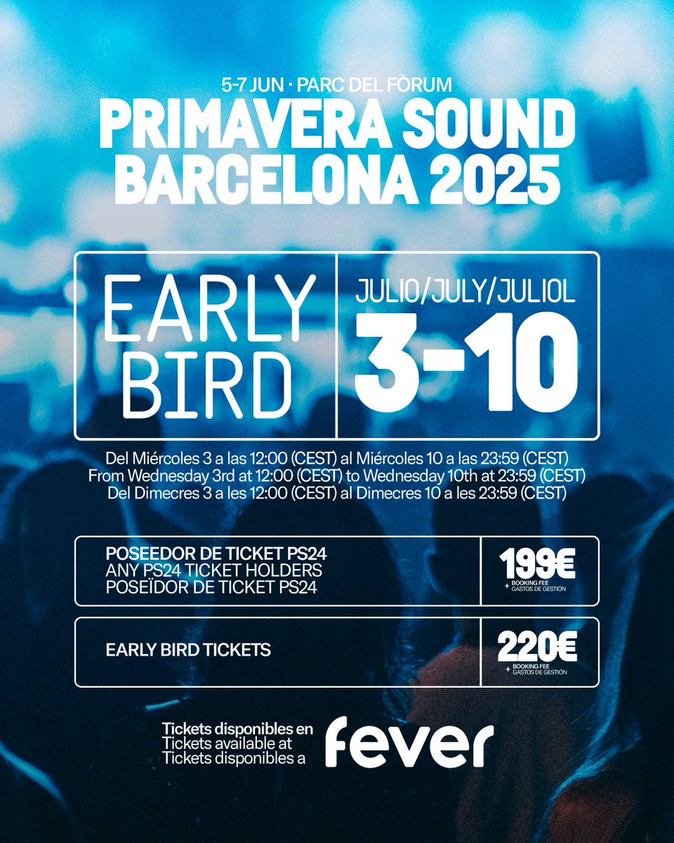 Primavera_Sound's tweet photo. 🐣 Early birds, ha llegado vuestro momento 🐣

¡Hazte con tu entrada para Primavera Sound Barcelona 2025 antes que nadie y disfruta de un precio especial por tiempo limitado!

La venta Early Bird de abonos generales y abonos VIP comenzará mañana, 3 de julio, a las 12:00h (CEST) y estará disponible hasta el 10 de julio a las 23:59h (CEST).

👉 Consulta toda la información: https://t.co/JYpPrMWGn6
__

🐣 Early birds, your time has come 🐣

Secure your Primavera Sound Barcelona 2025 ticket ahead of everyone and at a discounted price, available only for a limited time!

The Early Bird sale for general and VIP tickets kicks off tomorrow, July 3rd, at 12:00h (CEST) and will be open until July 10th at 23:59h (CEST).

👉 Check all info: https://t.co/JYpPrMWGn6
__

🐣 Early birds, ha arribat el vostre moment 🐣

Aconsegueix la teva entrada per a Primavera Sound Barcelona 2025 abans que ningú i gaudeix d’un preu especial durant un temps limitat!

La venda Early Bird d'abonaments generals i abonaments VIP començarà demà, 3 de juliol, a les 12:00h (CEST) i estarà disponible fins al 10 de juliol a les 23:59h (CEST).

👉 Consulta tota la informació: https://t.co/JYpPrMWGn6