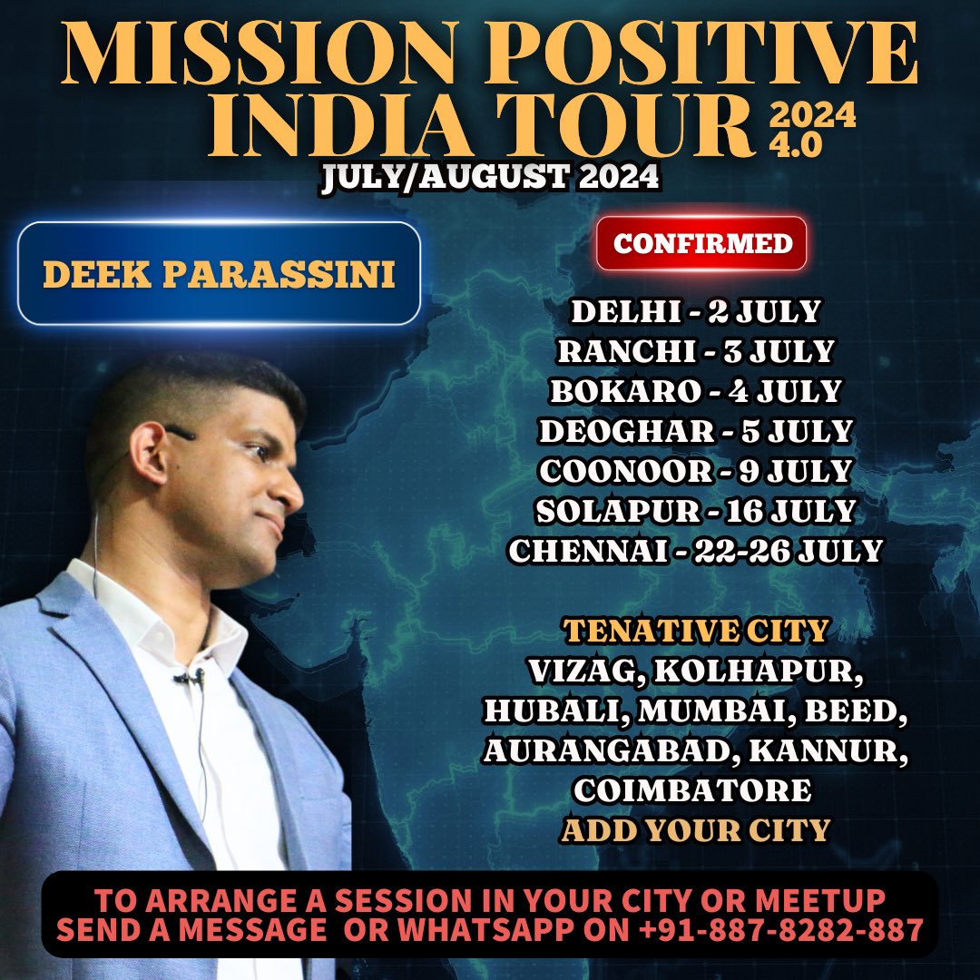 DeekParassini's tweet photo. Positive Day to All, see attached form cities that are confirmed and tentative. So if you like to arrange a session anywhere in India or do a meetup. 

Send me a message or whatsaap on 8878282887

All Thanks to God😇🙏🏻 

#deekparassini #indiatour https://t.co/bTuEgSH5Pq