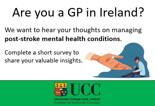 Robbie Callaghan (@robbie15671) on Twitter photo Calling all #GPs in Ireland!
Researchers <a href="/Pharmacy_UCC/">UCC Pharmacy School</a>, <a href="/UCC_GP/">UCC GP</a> & <a href="/uccnursmid/">UCC School of Nursing & Midwifery 🌈</a> are studying GPs' views on the diagnosis and management of #MentalHealthConditions in #StrokeSurvivors in #Ireland.
If you haven't received our postal survey & would like to share your views Calling all #GPs in Ireland!
Researchers <a href="/Pharmacy_UCC/">UCC Pharmacy School</a>, <a href="/UCC_GP/">UCC GP</a> & <a href="/uccnursmid/">UCC School of Nursing & Midwifery 🌈</a> are studying GPs' views on the diagnosis and management of #MentalHealthConditions in #StrokeSurvivors in #Ireland.
If you haven't received our postal survey & would like to share your views