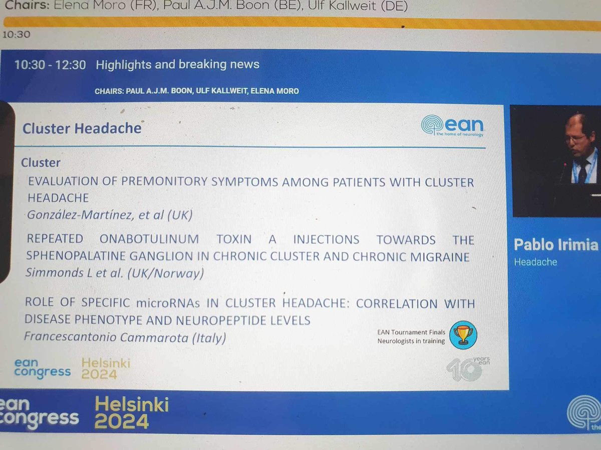 Tore Meisingset <a href="/NorHeadResearch/">Norwegian Centre for Headache Research</a>  had an excellent presentation  on SPG intervention in migraine and CH at EAN. Collaboration with UCL. It was also mentioned at the highlight/breaking news session !!
<a href="/Manjit_Matharu/">Prof Manjit Matharu</a>  #ToreMeisingset #EANneurology #EAN2024 @nevrologi