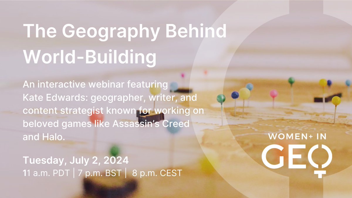 Women+ in Geospatial (@geospatialwomen) on Twitter photo ⌛️The day is here with us. There's time to sign up for our exciting interactive webinar.
Learn how geography plays a role in building worlds 🌎 in the gaming industry with insights from <a href="/geogrify/">Kate Edwards</a>.
Sign up here👇
us02web.zoom.us/meeting/regist… ⌛️The day is here with us. There's time to sign up for our exciting interactive webinar.
Learn how geography plays a role in building worlds 🌎 in the gaming industry with insights from <a href="/geogrify/">Kate Edwards</a>.
Sign up here👇
us02web.zoom.us/meeting/regist…