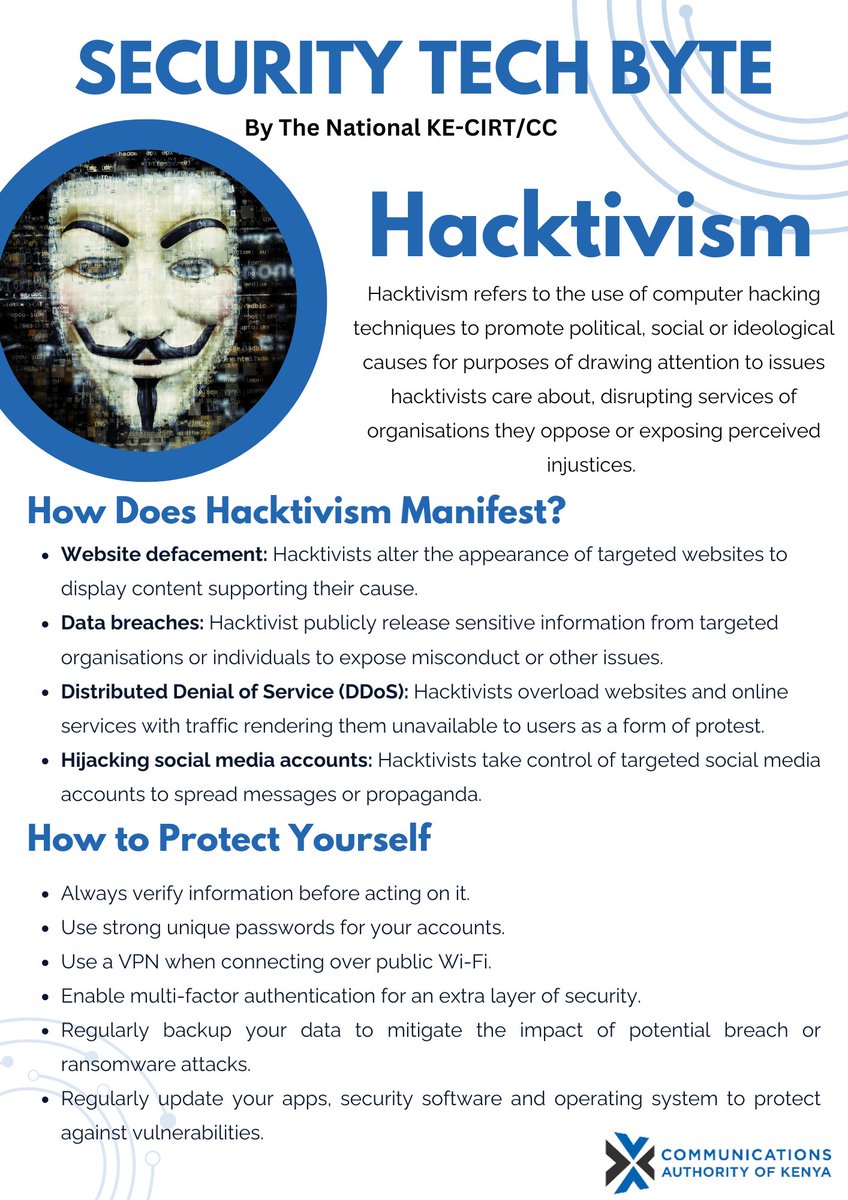 KeCIRT's tweet photo. #Hacktivism: When hacking and activism collide. Learn more about this digital phenomenon in today's Security #TechByteTuesday
#BeCyberAware #cybersecuritytips https://t.co/bG0tXcKqSX