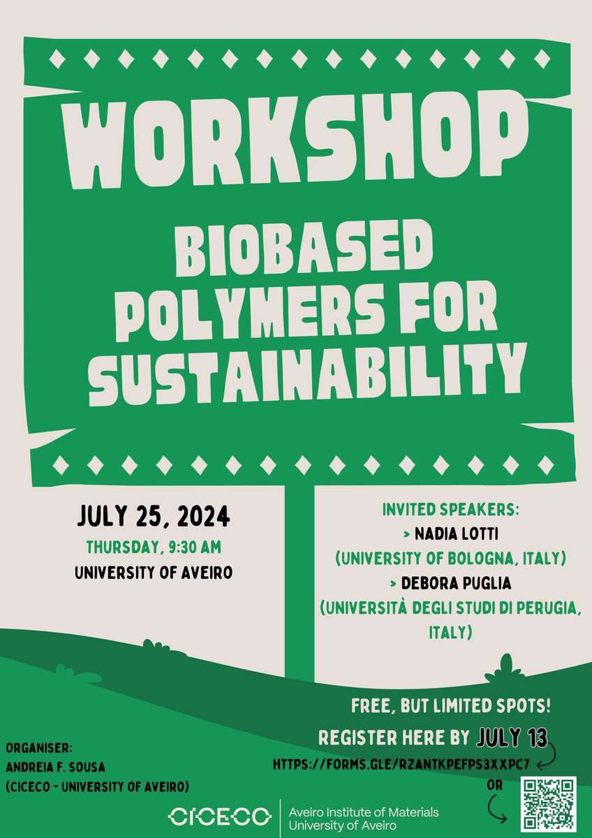 Fur4Sustain's tweet photo. 👍We are excited to invite you to join us for the "Biobased Polymers for Sustainability" workshop.
If you can be at the University of Aveiro on the 25th of July do not miss this great opportunity to listen to two experts in the field: Prof. Nadia Lotti and Prof. Debora Puglia. https://t.co/MR1wcY7Gc9
