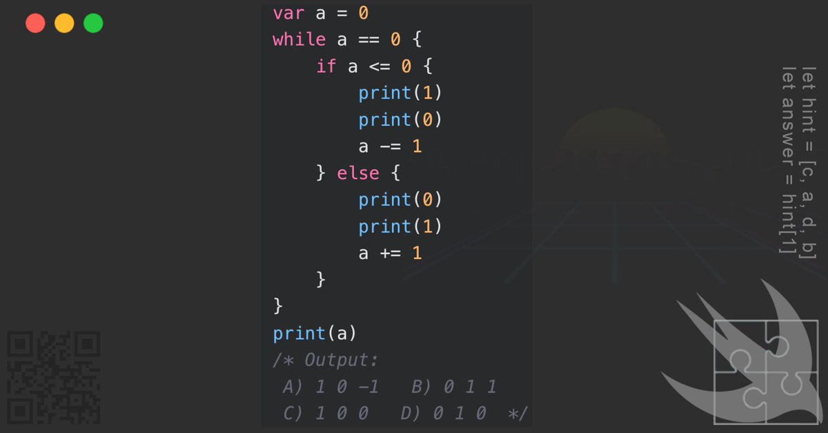 GregCoolShade's tweet image. ★☆☆☆☆ - Can you crack this Swift puzzle? Understand loop and condition flow to find the output! #Swift #ProgrammingPuzzle #CodeChallenge