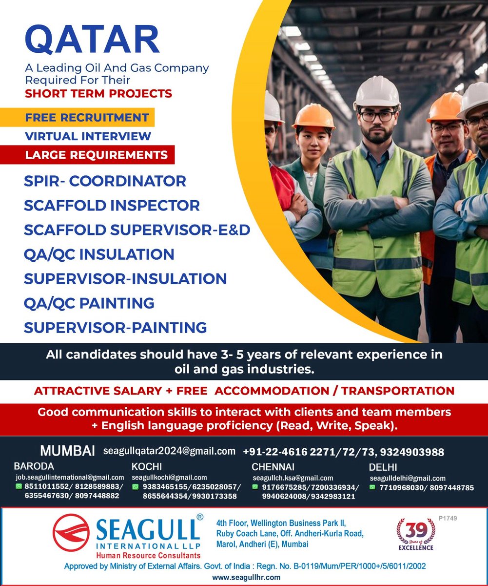 hrd1_seagull's tweet photo. 🇶🇦Qatar Jobs 
✔Free Recruitment 
‼️ Large Recruitment - Short Term Project 
💻Virtual Interview 
📍Location - Mumbai , Baroda , Kochi , Chennai &amp; Delhi
.
.
.
#qatarjobs #seagull #spircoordinator #scaffoldinspector #qaqcinsulation #supervisor #painting https://t.co/KQ7nACFYoj
