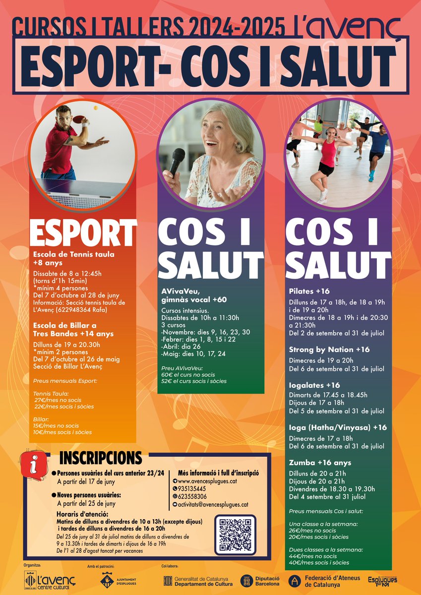 Les inscripcions pels nostres tallers estan obertes! Teatre, dansa, cant, pilates, zumba... No et quedis sense la teva plaça! +info i inscripcions a avencesplugues.cat