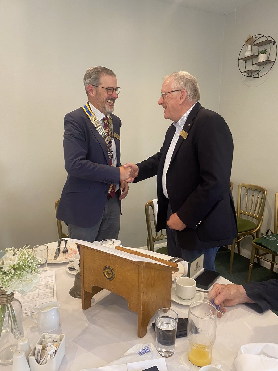 Monday 1st July was the first day of the new Rotary year and when the new President takes office. This year two of last year’s trio will be continuing - Hugo Richardson and Richard Hartley.  Hugo represented both on Monday, when he accepted the chain of office from Bernie Cotton.