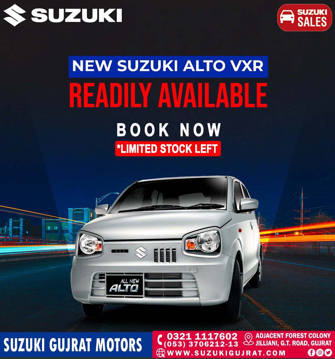 suzukigujratpk's tweet image. The Suzuki Alto VXR is readily available at Suzuki Gujrat Motors, but not for long! Don't miss your chance to own this amazing car – act fast and secure yours today before it's too late!

#Suzuki #SuzukiAltoVXR #ReadilyAvailable #LimitedStock #SuzukiGujratMotors #SuzukiPakistan