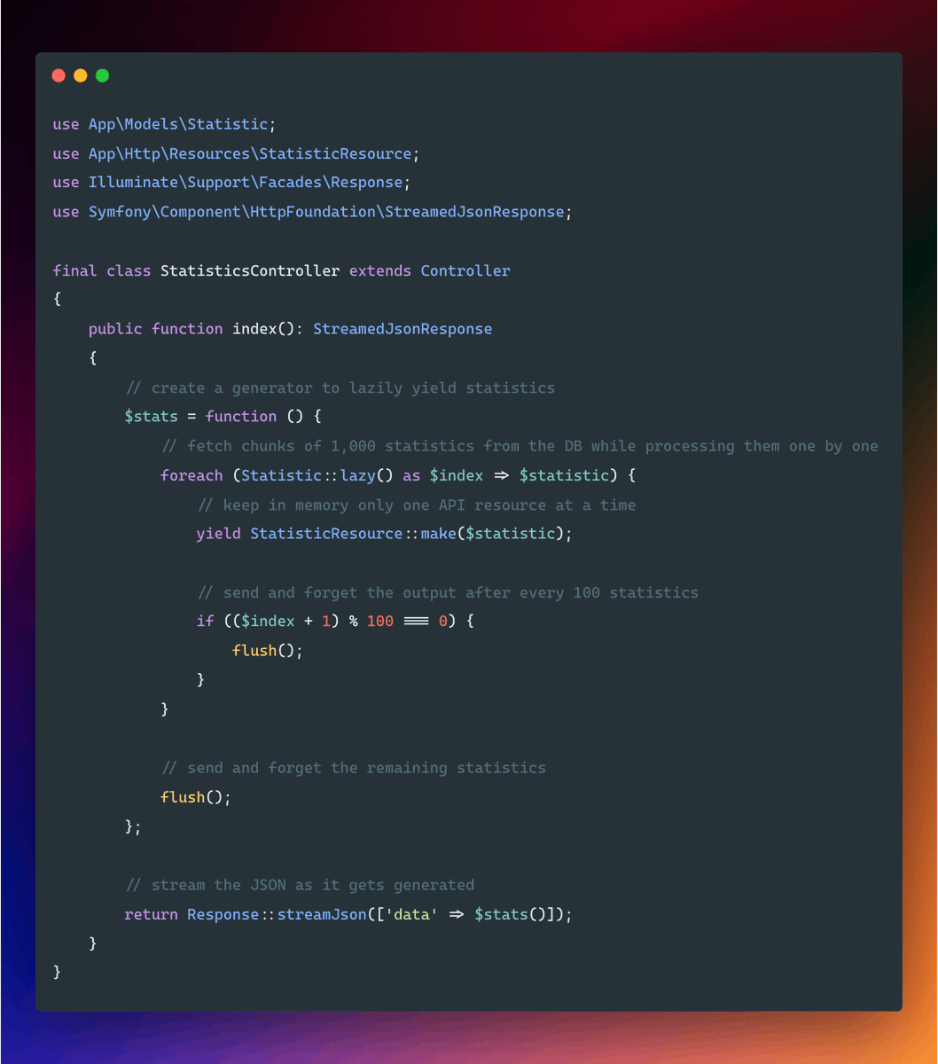 cerbero90's tweet photo. When our APIs need to return a big JSON and pagination is not an option, we can stream the JSON while it gets generated 🏄

This technique alleviates the server load and lets the client handle the stream instead of the whole response 🍃 https://t.co/ATQLv7J7Ac