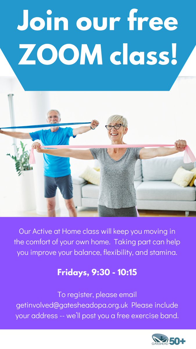 Did  you know we offer a free Zoom class every Friday?  Join Nicola for an  invigorating workout designed to set you up for your weekend!  If you'd  like to take part, simply email us -- be sure to include your address so  we can send you a free exercise band.  😊