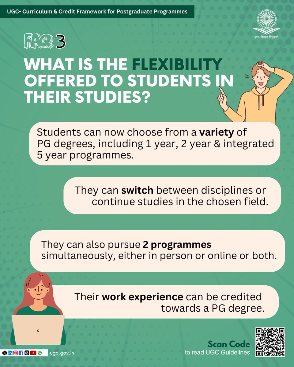 ugc_india's tweet photo. What flexibility is offered to students in their PG studies?

Students can now explore their options with the UGC Guidelines on Curriculum and Credit Framework for Postgraduate Programmes.

Read more 👉https://t.co/dTJ4T4kPhc

#UGC #PG #UG #PostgraduateProgramme #Students #Education #Research #PGProgramme