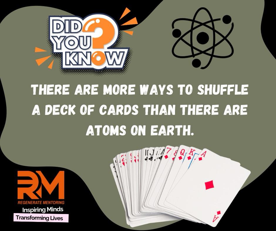 RegenerateMento's tweet image. 🃏 There are more ways to shuffle a deck (52 factorial or 8x10^67 ways) than there are atoms on Earth (around 10^50)! Each card game you play is truly one of a kind. #CardTricks #DdiYouKnow #FunFactTuesday #MindBlowingFacts