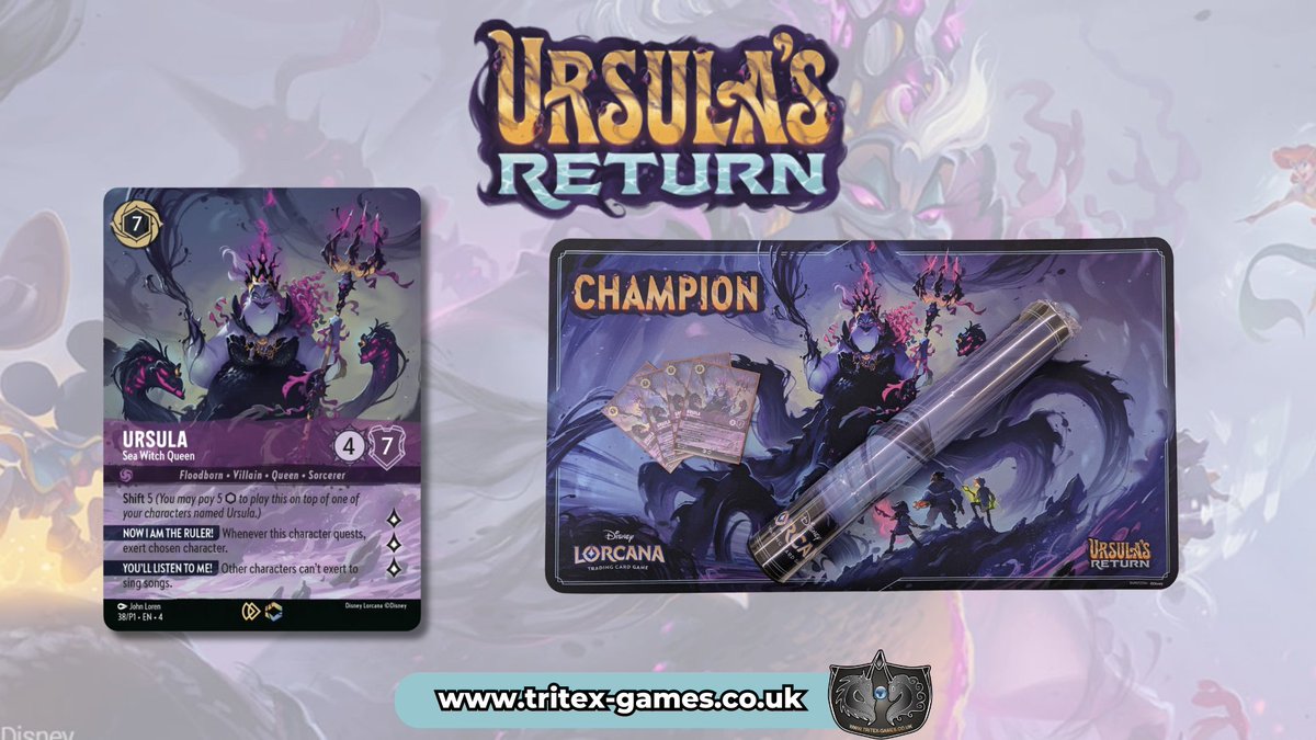 TritexGamesLtd's tweet photo. 🏆𝗝𝗼𝗶𝗻 𝘂𝘀 𝗦𝗮𝘁 𝟮𝟬𝘁𝗵 𝗝𝘂𝗹𝘆 𝗳𝗼𝗿 𝗟𝗼𝗿𝗰𝗮𝗻𝗮 𝗖𝗵𝗮𝗺𝗽𝘀! 🏆🎉 

Exclusive Ursula promo cards for the top 4, Ursula champion playmat for the winner, &amp; a non-champion Ursula playmat for 2nd.

𝗘𝘃𝗲𝗻𝘁: https://t.co/DRvjUjsGTk
𝗦𝘁𝗮𝗿𝘁: 11am
𝗘𝗻𝘁𝗿𝘆: £10 https://t.co/0KWB8YKkhk