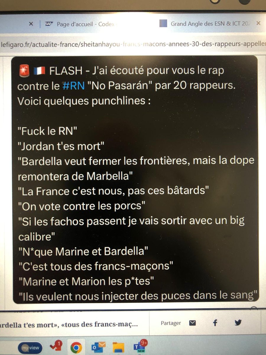 ericrevel1's tweet photo. Voici les textes de 20 rappeurs contre le RN … ils appellent au meurtre, aux viols dans un silence assourdissant des média de Gauche et notamment du service public.Les mêmes qui dénonçaient les chansons trop à droite de Michel Sardou . Quel naufrage intellectuel ! Quelle honte! https://t.co/3NE3a5KRcz