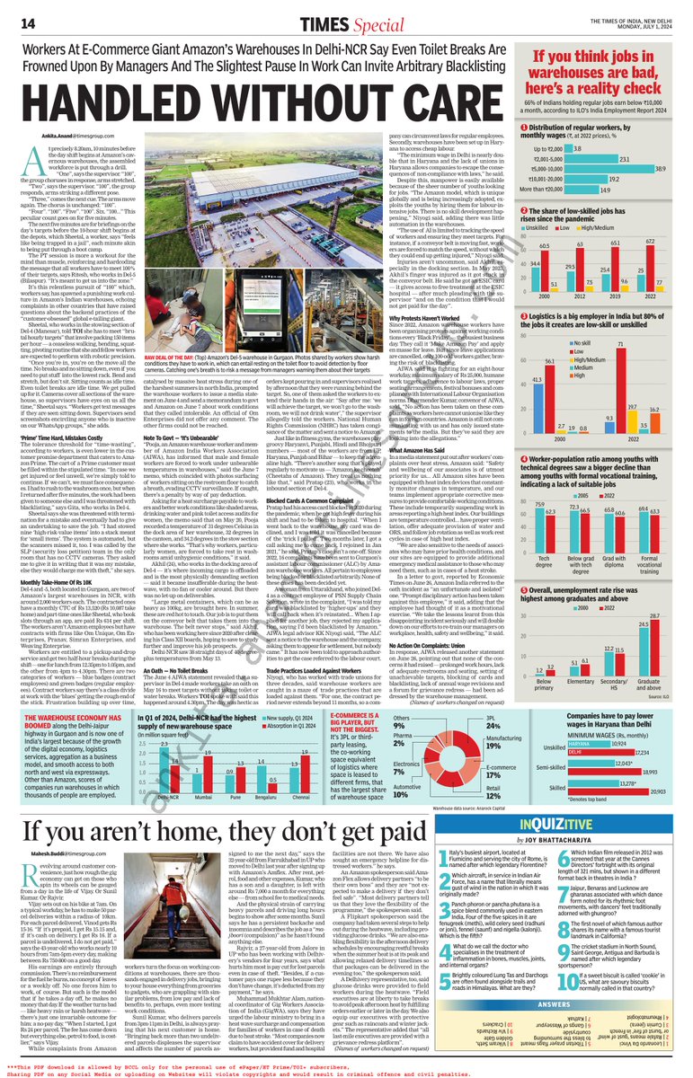 Amazon warehouse workers fight back! Led by the Amazon India Workers Association (AIWA), the full-page report is featured in India’s number one English daily,  <a href="/timesofindia/">The Times Of India</a>, national edition. ✊🏽

#SignTheAccord
#MakeAmazonPay