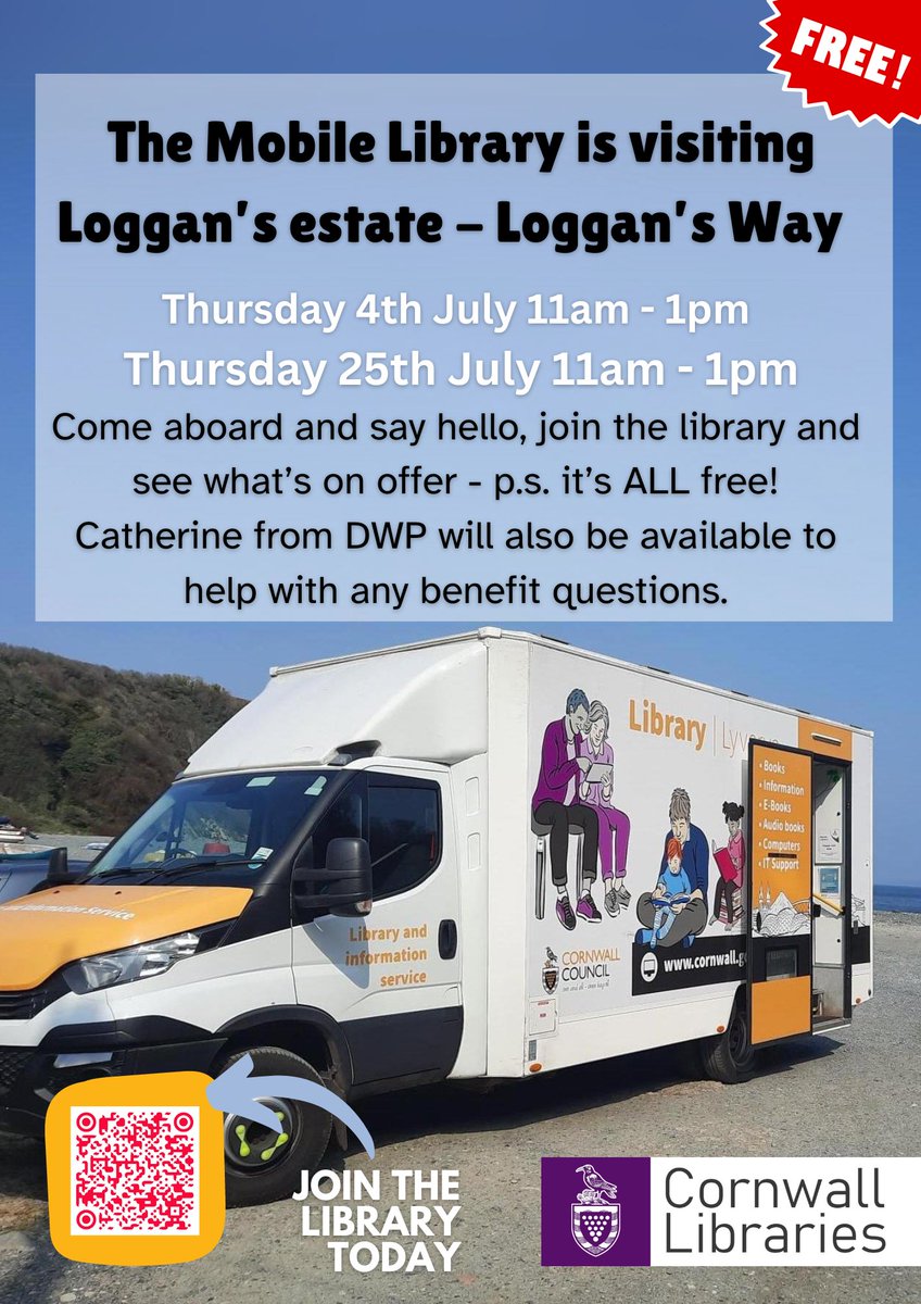 Join us at Loggan's estate, #Hayle on Thurs 4th July and Thurs 25th of July. You'll have the chance to climb aboard our mobile library, sign up for a library card and start borrowing books and more. The DWP will also be on hand to answer any questions about benefits.

#Cornwall