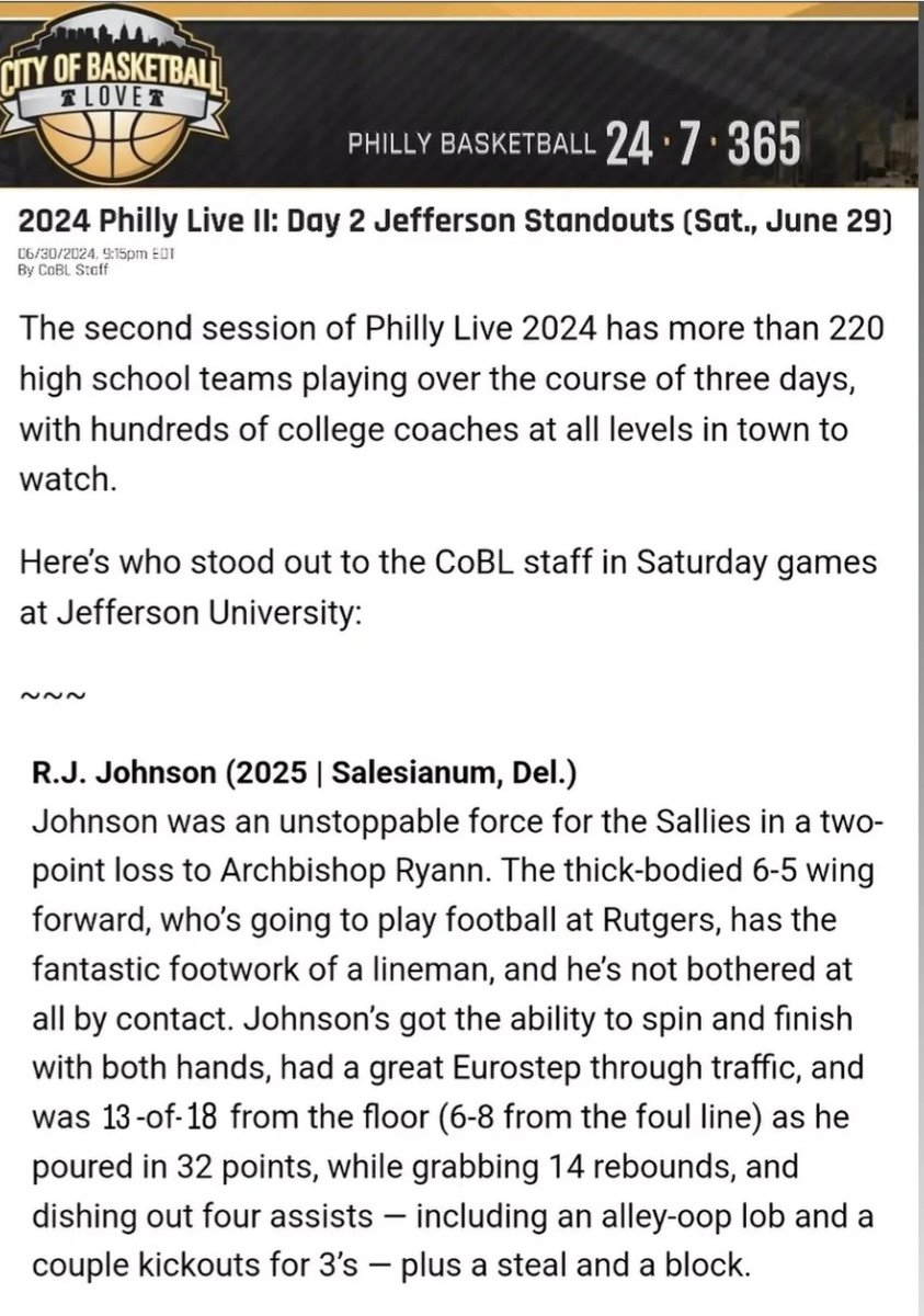 CoachRSTII (@coachrstii) on Twitter photo Many are aware already but here's some context....
Robbie Johnson Jr <a href="/RobbieJ2025/">Robbie johnson jr</a> of <a href="/SalesianumHoops/">Salesianum Hoops</a> "went off"!
<a href="/hooplove215/">CityofBasketballLove</a> sr writer <a href="/jmverlin/">Josh Verlin</a> was actually there to witness (from beginning til end)
RJ showed what he's capable of and vs a quality team. Many are aware already but here's some context....
Robbie Johnson Jr <a href="/RobbieJ2025/">Robbie johnson jr</a> of <a href="/SalesianumHoops/">Salesianum Hoops</a> "went off"!
<a href="/hooplove215/">CityofBasketballLove</a> sr writer <a href="/jmverlin/">Josh Verlin</a> was actually there to witness (from beginning til end)
RJ showed what he's capable of and vs a quality team.