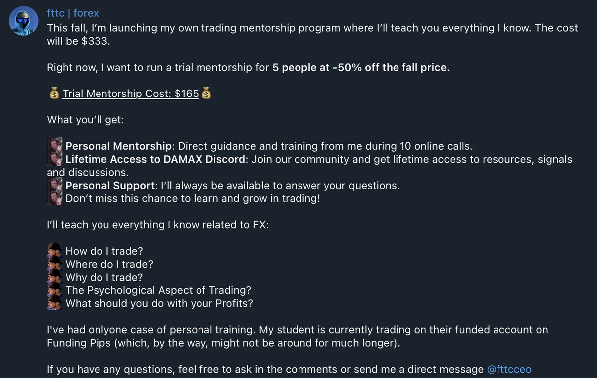 fttcceo's tweet photo. This will be a trial version from me before the main release in the fall.

There has been only one student - who also completed the challenge and is trading a funded account.

No turtle soup, no 100,000$ price🥷

https://t.co/rlnQ2IMr0T https://t.co/V4r5GuITlU