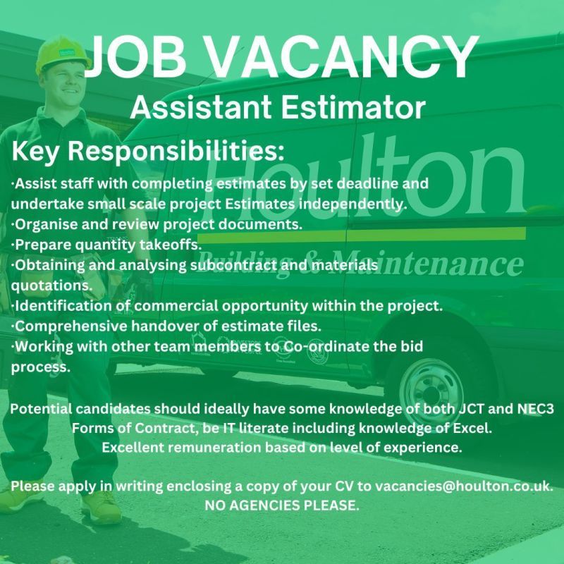 JOB OPPORTUNITY: 

We are currently looking for the ideal  candidate to fill our current vacancy; Trainee / Assistant Estimator. 

A fantastic opportunity to join our established commercial team. 

To find out more please click here: buff.ly/3XNqG9U