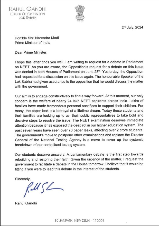 nnsodia's tweet image. Dear #Prime Minister,  
I am writing to request for a debate in Parliament on #NEET tomorrow.
 Our aim is to engage #constructively in the interest of 24 lakh NEET aspirants who deserve answers.  I believe that it would be fitting if you were to lead this #debate
#RahulGandhi