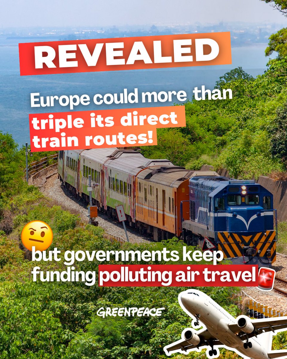 Greenpeace's tweet image. WHY are European governments still backing polluting air travel?

For years, Europe has rolled out the red carpet for climate-damaging air travel, showering it with tax breaks while trains and rail infrastructure have withered away.

It’s time for a #RailRevolution.