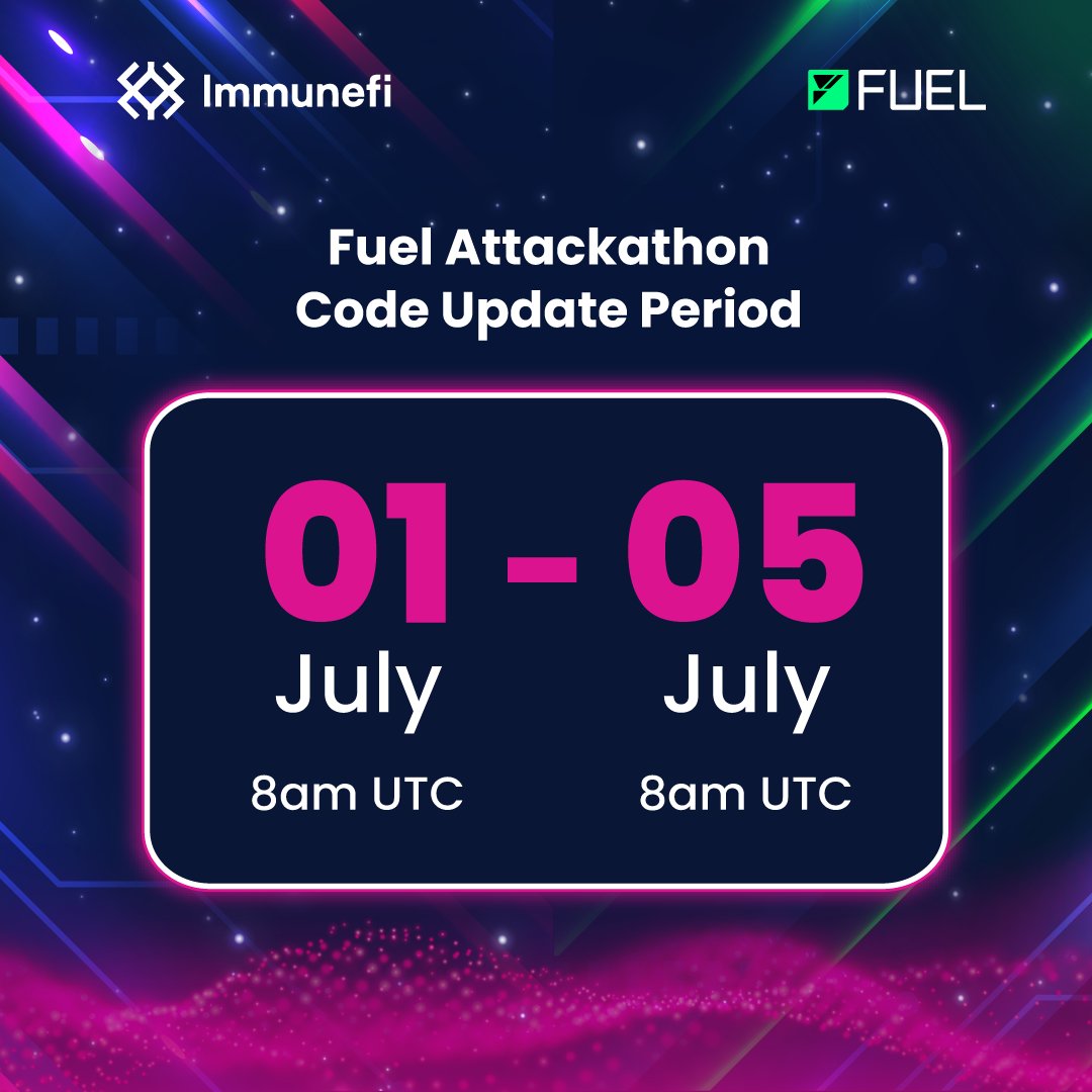 immunefi's tweet photo. The #FuelAttackathon code update period has started as of July 1, 8am UTC, and will last till July 5, 8am UTC.
Read their changelog and join us Friday on Discord where Fuel will give a live walkthrough of the changelog and answer your questions!!
More details below π https://t.co/MGUSEdLmIv