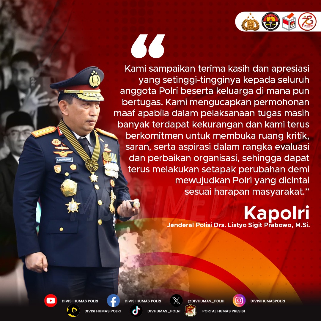 DarmansyahBukit's tweet photo. Pernyataan tersebut disampaikan oleh Kapolri, Jenderal Polisi Drs. Listyo Sigit Prabowo, https://t.co/OTA9B4m8MC., dalam acara puncak perayaan Hari Bhayangkara ke-78 di Lapangan Silang Monas, Jakarta, Senin (1/7). #78TahunBhayangkara Mengabdi Melayani Indonesia https://t.co/jr3aqhzUo9