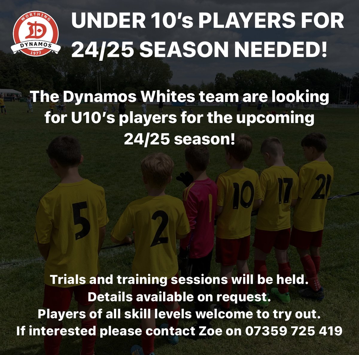 ⚽️ Dynamos under 10's Whites are looking for players for the upcoming 24/25 season - please share with anyone who may be interested and contact Zoe using the info on the poster if you're interest or if you have any questions! ⚽️