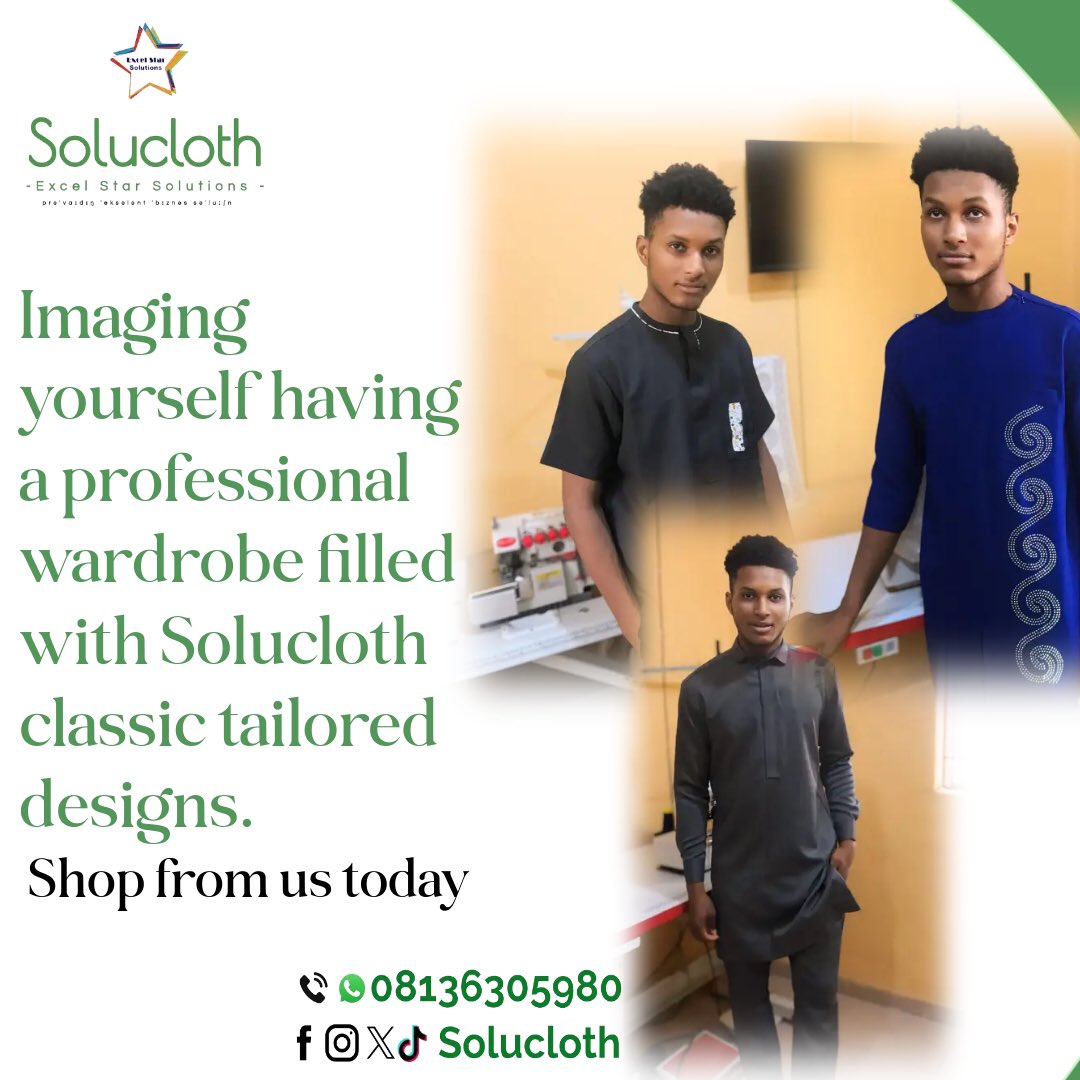 Solucloth's tweet photo. Imaging yourself having a professional wardrobe filled with Solucloth classic tailored designs of different clothes in it, crafted from premium wool for a luxurious look.
Also, embrace elegance with our effortlessly crafted designs.
#luxurious
#solucloth
#excelstarsolution https://t.co/5XZeuXxkD6