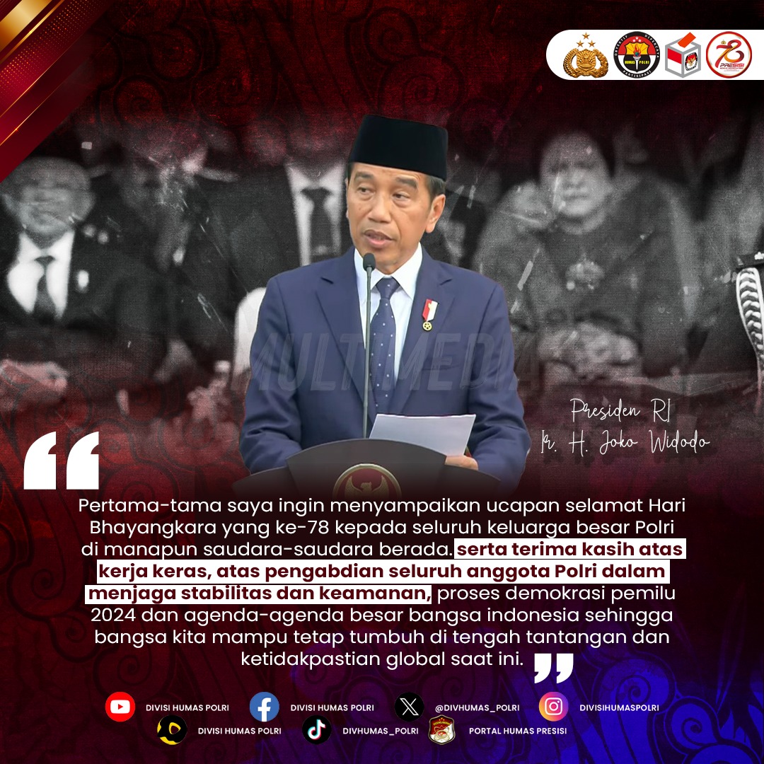 DarmansyahBukit's tweet photo. Presiden Republik Indonesia, Ir. H. Joko Widodo dalam sambutannya saat menghadiri Upacara Hari Bhayangkara ke-78 di Lapangan Silang Monas, Jakarta, Senin (1/7).

#78TahunBhayangkara Mengabdi Melayani Indonesia https://t.co/lSrQknfWVT