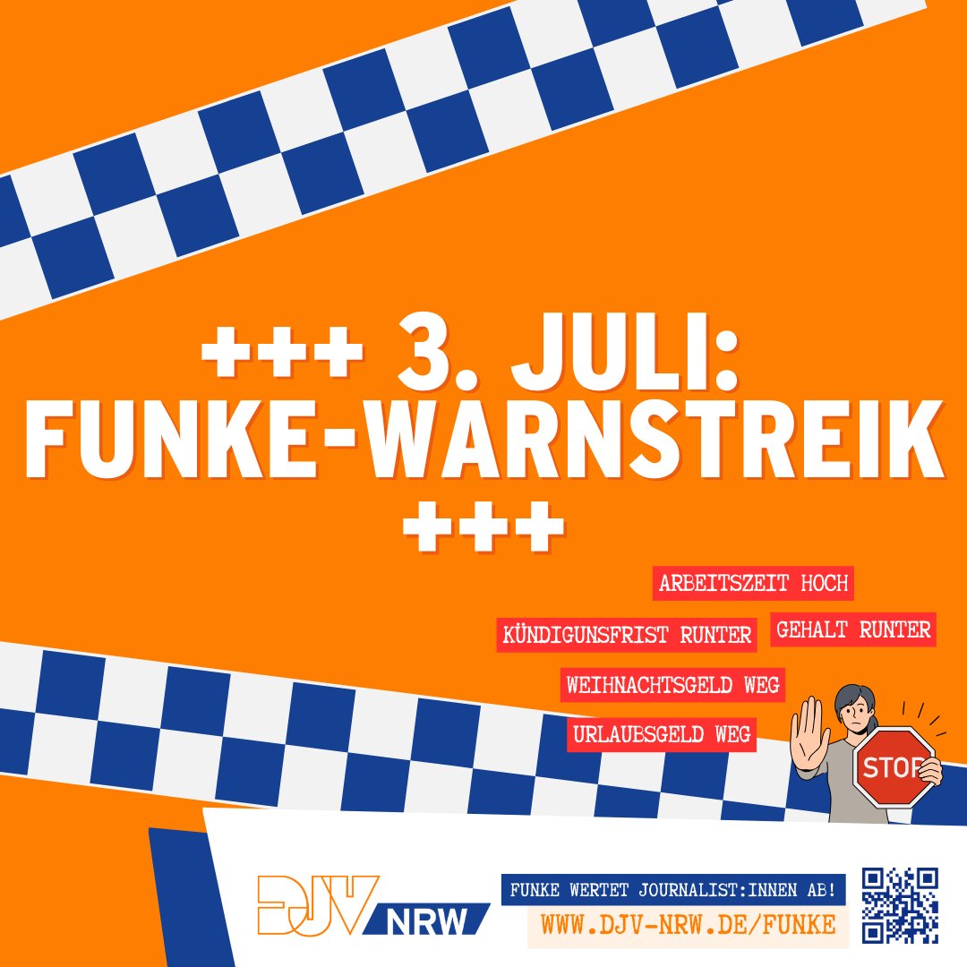 ⚠ ⚠ Warnstreik bei Funke, Mittwoch, 3. Juli  ⚠ ⚠ 
Der DJV-NRW ruft bei @FUNKEMEDIEN, <a href="/WAZ_Redaktion/">WAZ</a>, <a href="/WPArnsberg/">Westfalenpost AR/SU</a> und NRZ zum Warnstreik auf.
👉 Mittwoch, 3. Juli 2024, 5 bis 24 Uhr
🚩 Treffpunkt ab 11 Uhr: Freischütz, Hörder Straße 131, Schwerte >>> djv-nrw.de/funke