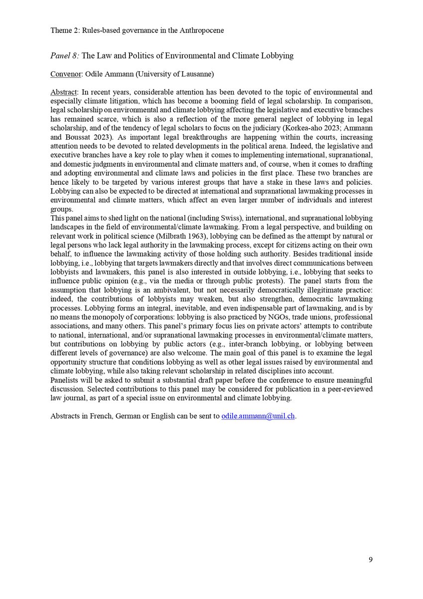 odileammann's tweet image. CfA: The Law &amp;amp; Politics of Environmental &amp;amp; Climate Lobbying, 2nd conf. of the Swiss Network for Law &amp;amp; Society, @unibern, Feb 10-12, 2025. Please send your abstracts (250 wds, E/F/D) to odile.ammann@unil.ch by Sept 30, 2024. Full CfA: tinyurl.com/2t99hwmj