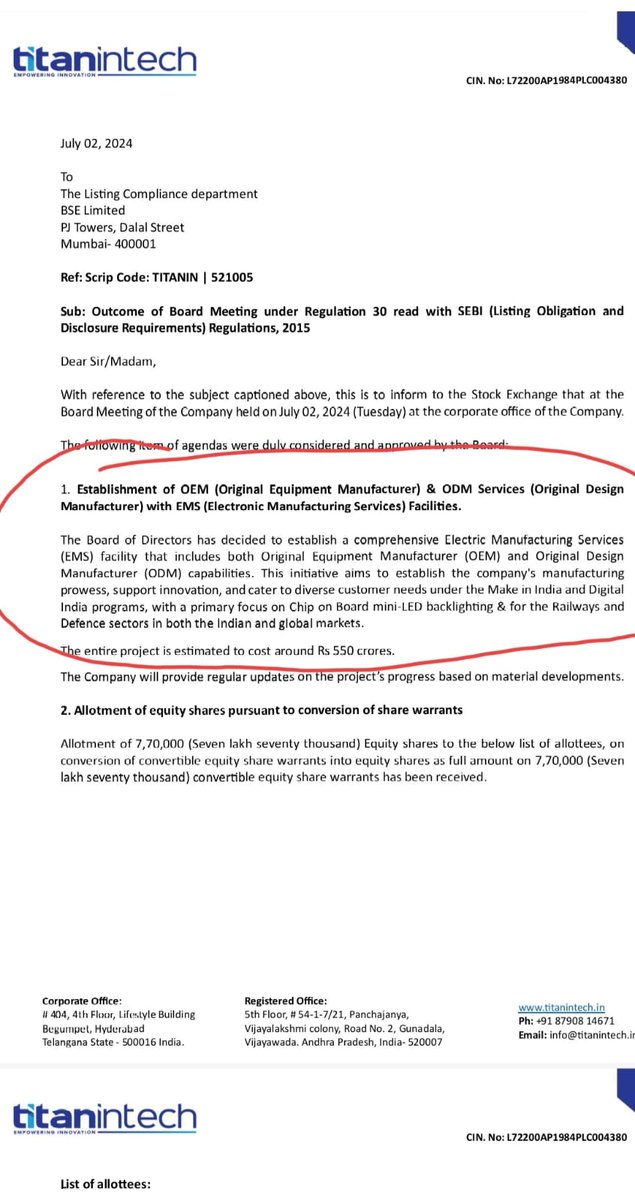 amaldas_kh's tweet image. Titan Intech announced their entry into EMS ( Electric Manufacturing Services) costing around Rs 550 crore. The company also allotted 7,70,000 equity shares on conversion of warrants.  

#TITANIN #TitanIntech #Datacenter #EMS #Breakout #
