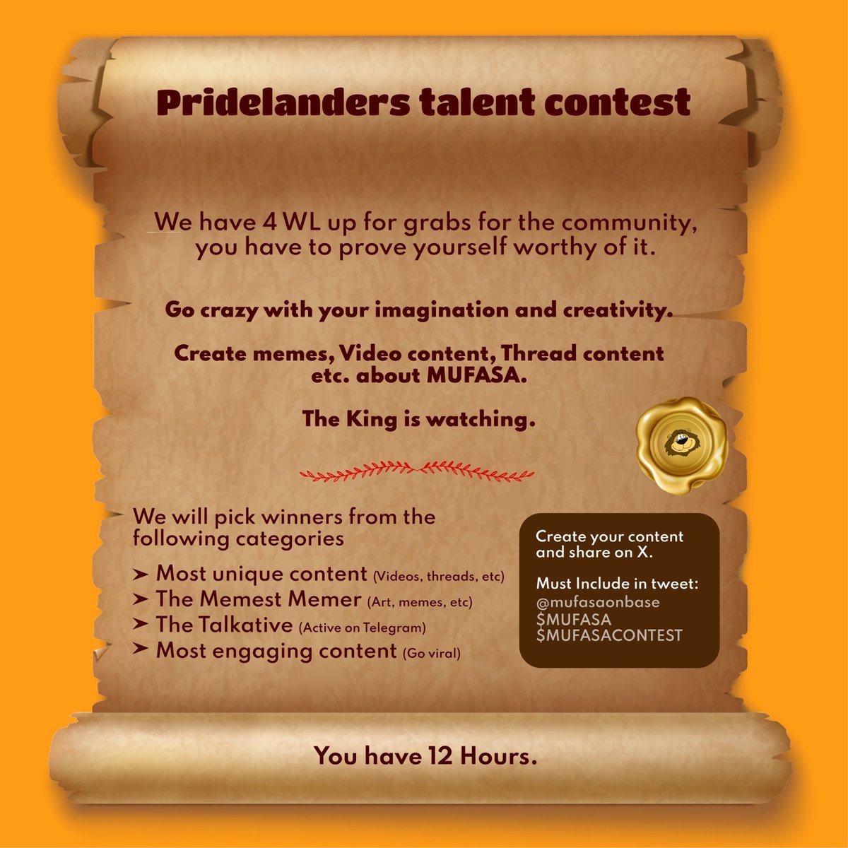 It pleases The King that the community gets in.🦁

Our first talent contest is live for 4 whitelists. Winners will be chosen from every category.

Both The Memest Memer and The Talkative will have their winners drawn via the community vote.

Everyone has a shot at earning a WL.