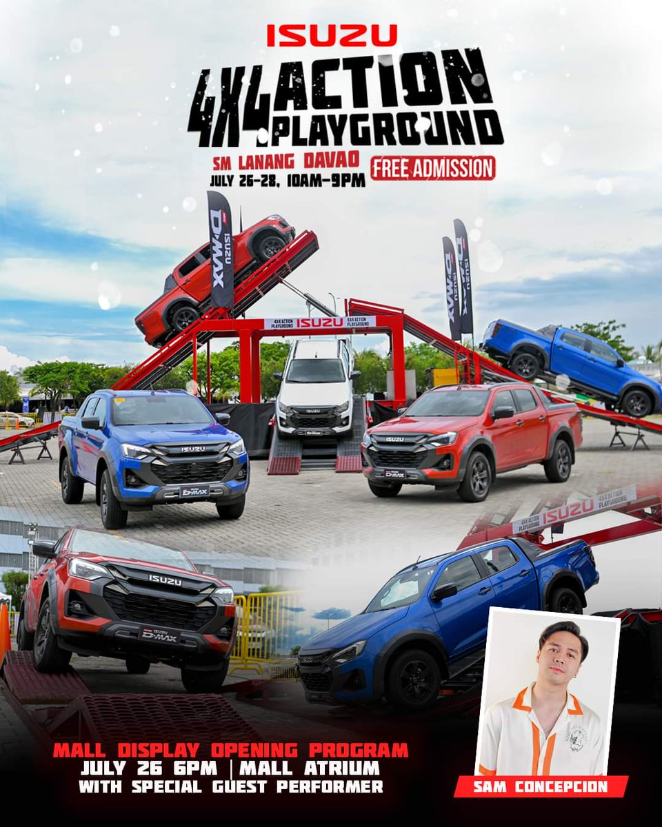 <a href="/isuzuphil/">Isuzu Philippines</a> #Repost
“The Isuzu D-MAX Mall Display and 4x4 Action Playground is heading down south at SM Lanang from July 26-28! Don't miss the live performance by <a href="/sam_concepcion/">Sam Concepcion</a> on July 26, 6PM at the Mall Atrium. See you there! #IsuzuDMAX #IntoNewHeights”