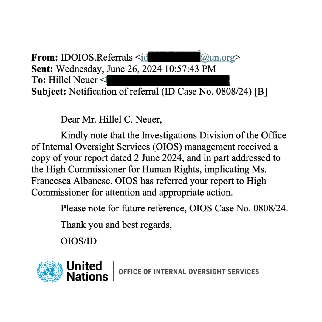 HillelNeuer's tweet image. BREAKING: The United Nations has opened an investigation into allegations that special rapporteur Francesca Albanese improperly took external funds from pro-Hamas groups to pay for her $20,000 lobbying trip to Australia. We are filing papers today to terminate her mandate.