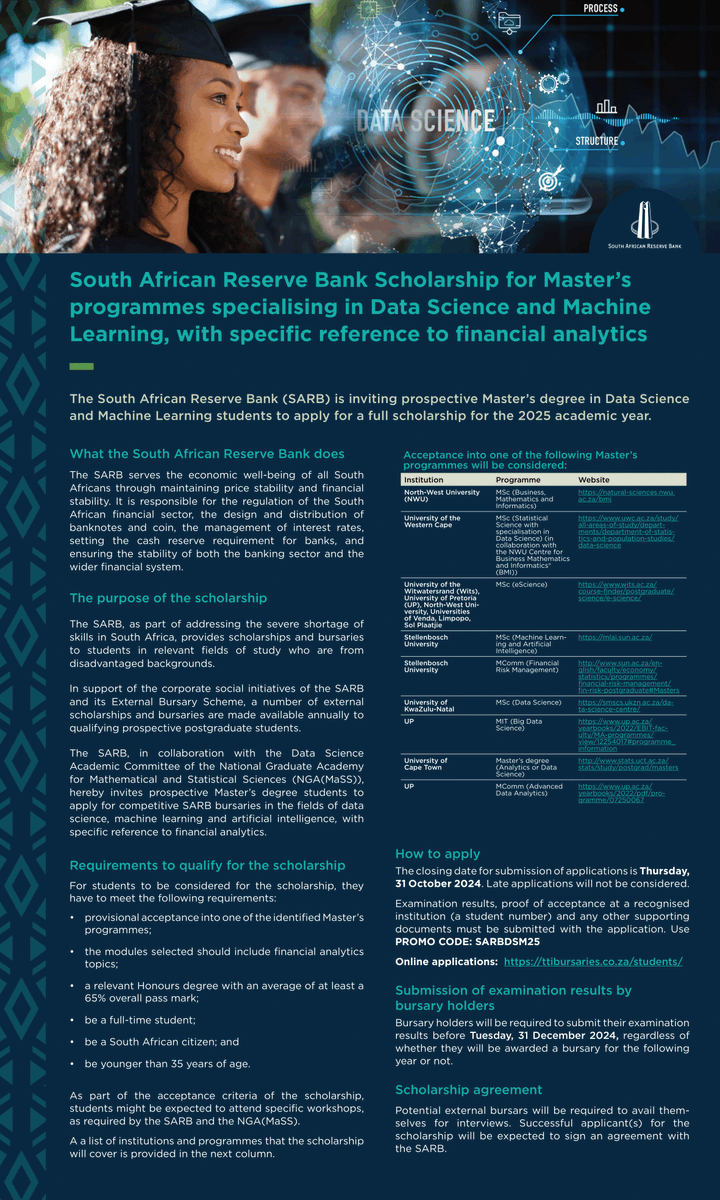 [SCHOLARSHIP ALERT] The SA Reserve Bank (SARB) is inviting prospective Master’s degree in Data Science and Machine Learning students to apply for a full scholarship for the 2025 academic year. Applications close on 31 October 2024. For more, click here: bit.ly/3Kt5sbu