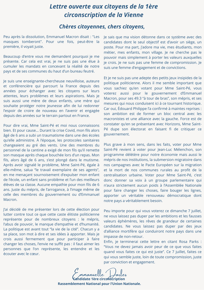 EmmaDarles's tweet photo. Lettre ouverte aux citoyens de la 1ère circonscription de la Vienne (86).  "Peu importe pour qui vous voterez ce dimanche 7 juillet, ne vous laissez pas duper par les ambitions et les fausses valeurs éphémères, les rêves de grandeur de certaines candidates. Ne vous laissez pas duper par des jeux d’alliance mortifère qui conduiront notre pays dans une impasse de non-retour."