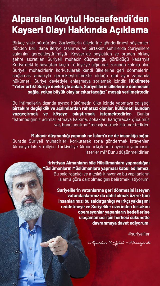 Birkaç yıldır sürdürülen Suriyelilerin ülkelerine gönderilmesi söylemleri dünden beri daha ileriye taşınmış ve birtakım şehirlerde Suriyelilere saldırılar gerçekleştirilmiştir. Kayseri'de başlatılan ve oradan birkaç şehre sıçratılan Suriyeli muhacir düşmanlığı, görüldüğü
