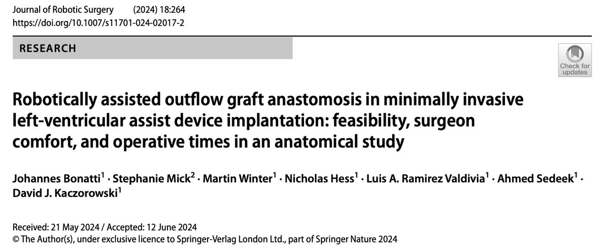 Pitt Cardiothoracic Surgery Department (@upmc_ctsurgery) on Twitter photo Assessing feasibility of robotically assisted suturing of outflow graft anastomosis to the #aorta in #LVAD implantation & performance metrics for anastomotic times/suture placement
š: link.springer.com/article/10.100ā¦
<a href="/JRobotSurg/">Journal of Robotic Surgery</a> <a href="/HviUpmc/">UPMC Heart and Vascular Institute</a> <a href="/NicholasHessMD/">Nicholas Hess</a> <a href="/DavidKaczoro/">David Kaczorowski</a> #RoboticSurgery #VAD Assessing feasibility of robotically assisted suturing of outflow graft anastomosis to the #aorta in #LVAD implantation & performance metrics for anastomotic times/suture placement
š: link.springer.com/article/10.100ā¦
<a href="/JRobotSurg/">Journal of Robotic Surgery</a> <a href="/HviUpmc/">UPMC Heart and Vascular Institute</a> <a href="/NicholasHessMD/">Nicholas Hess</a> <a href="/DavidKaczoro/">David Kaczorowski</a> #RoboticSurgery #VAD