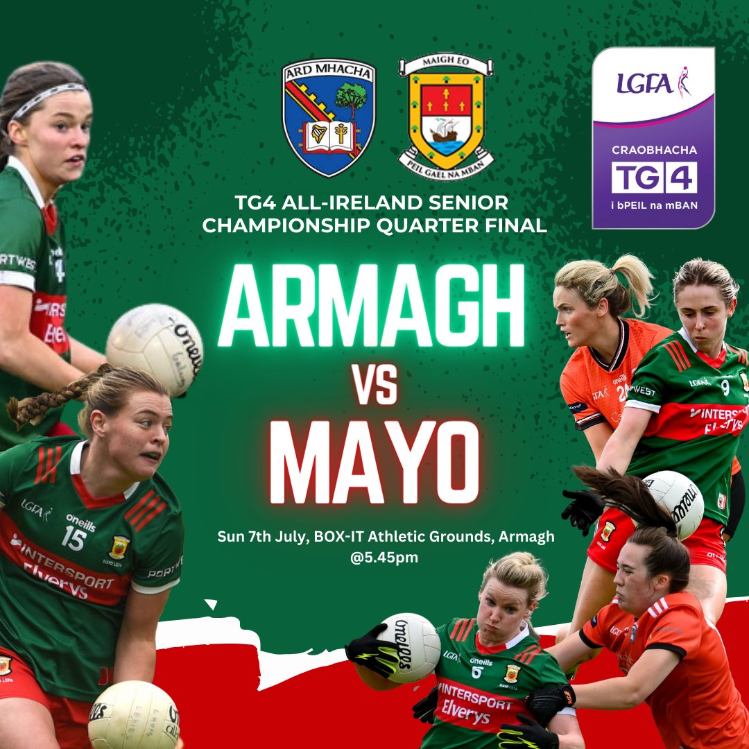 🏐 Senior All Ireland Quarter Final <a href="/LadiesFootball/">Ladies Football</a> 

Come out and support our girls in the Quarter Finals ✨️🟩🟥

🟠⚪️ Armagh 🆚 Mayo 🔴🟢

📆 Sunday 7th July 

📍 BOX-IT Athletic Grounds, Armagh

⏰ 5:45pm 

Tickets : universe.com/events/tg4-sen…