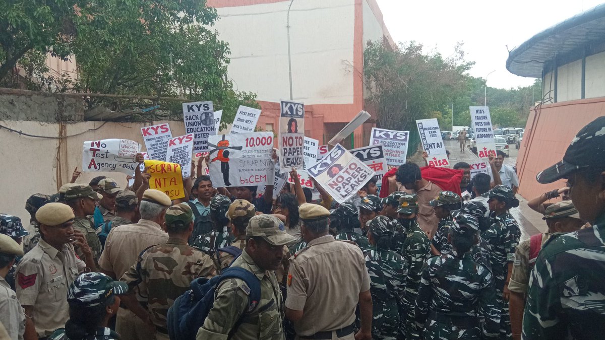 Bhimkys's tweet photo. This is shameful. On the one hand BJP is giving assurance to students for cooperation, on the other hand it is sending police to silence the voices against the Corrupt NTA, UGC chairman and NTA scam.   #SackEducationMinister 
#DisbandNTA #PaperLeak https://t.co/X7aBpQytb4