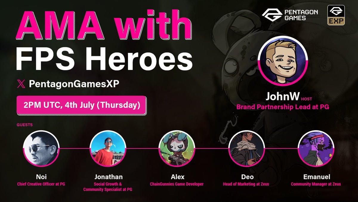 PentagonGamesXP's tweet image. 🚨 Upcoming AMA with FPS Heroes

📅 2pm UTC, 4th July
🔗 x.com/i/spaces/1kvKp… 
🔖 Bookmark and add to calendar
🗣️ Guest speakers from @PentagonGames88 and @DevZeusio 

Let's discuss First Person Shooters!