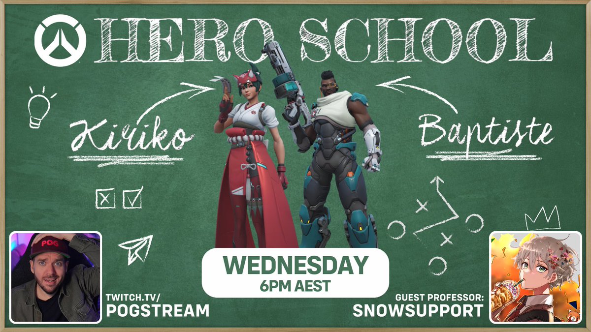 Overwatch Hero School is BACK tomorrow with guest professor <a href="/TheSnowSupport/">Snow ❄️</a>! We will learn all about Kiriko and Baptiste, so get your questions ready and come and take notes with me from 6PM AEST. #Overwatch2 #Overwatch
