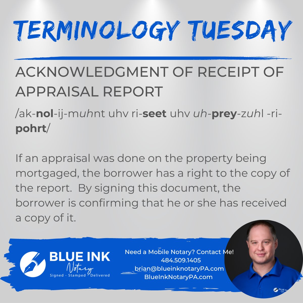 BlueInkNotaryPA's tweet image. After a vacation hiatus last week, we're back reviewing common loan documents for first time home buyers for Terminology Tuesday.

#terminologytuesday #notaryterms #signingagent #mobilenotary #notary #notarypublic #firsttimehomebuyers #acknoledgmentofreceiptofappraisalreport